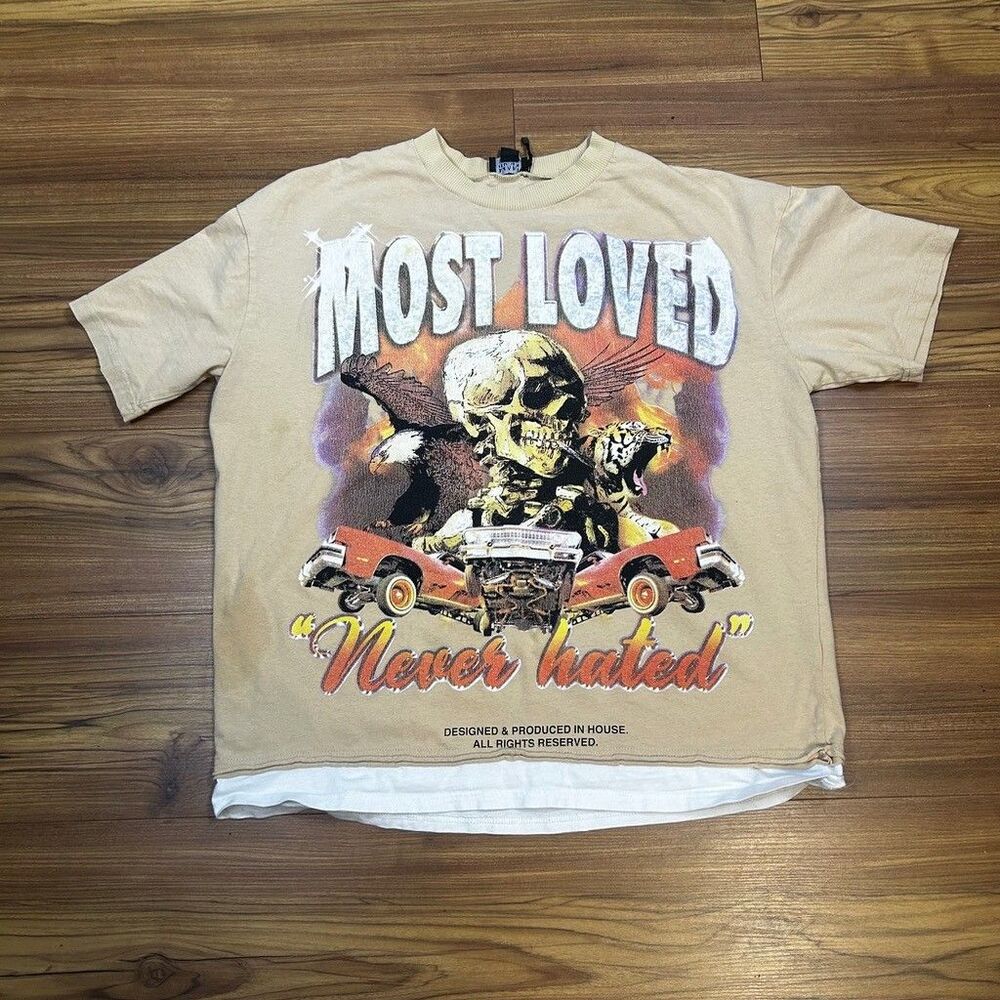 BoohooMAN Most Loved Never Hated Graphic T-Shirt Mens Medium Beige Layered Look